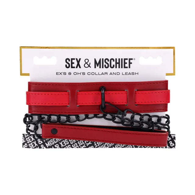 Packaged red Ex's and Oh's collar with folded black chain leash