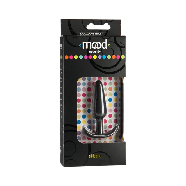 Small black Mood Naughty silicone butt plug in dotted retail packaging