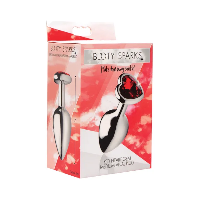 medium silver Booty Sparks anal plug with large red heart gem on box
