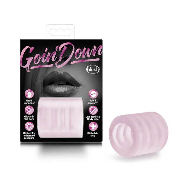 Blush X5 Goin Down Pink TPE Stroker beside black pink retail carton
