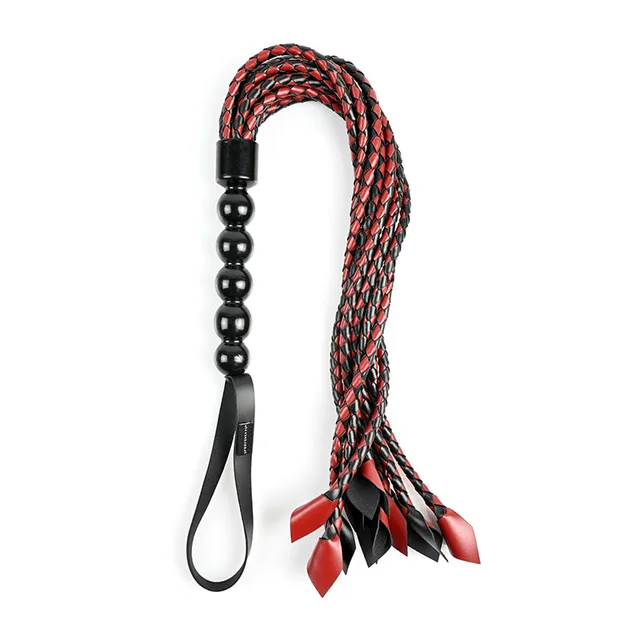 Red and black nine-fall braided Saffron flogger with wrist loop