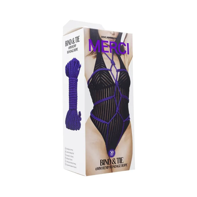 coiled violet Merci 6 mm hemp rope pictured on white retail box