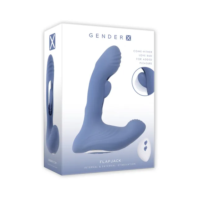 Gender X Flapjack blue flapper dual stimulator displayed in the white retail box