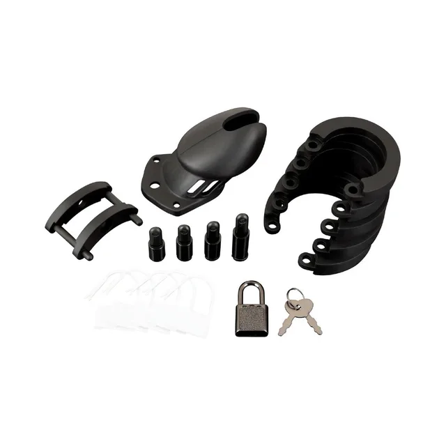 Disassembled black silicone cage with lock and fittings