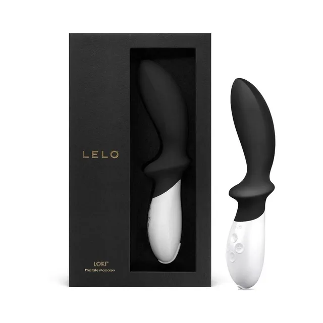 Black LELO LOKI vibrator beside black presentation box