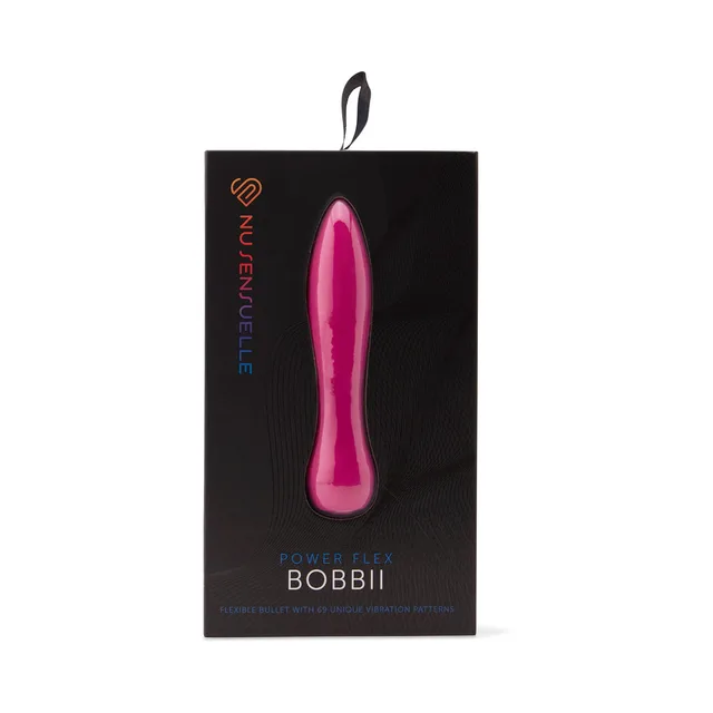 Nu Sensuelle Bobbii magenta vibrator displayed in a tall black window box