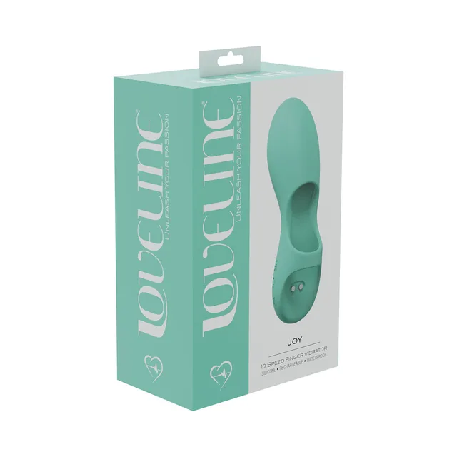 green LoveLine Joy finger vibrator with open grip pictured on teal box