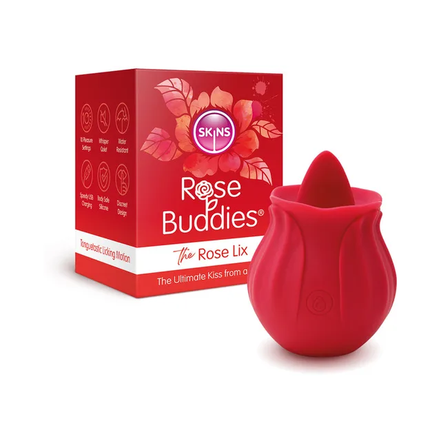 red Skins Rose Buddies Rose Lix tongue-shaped vibrator beside matching box