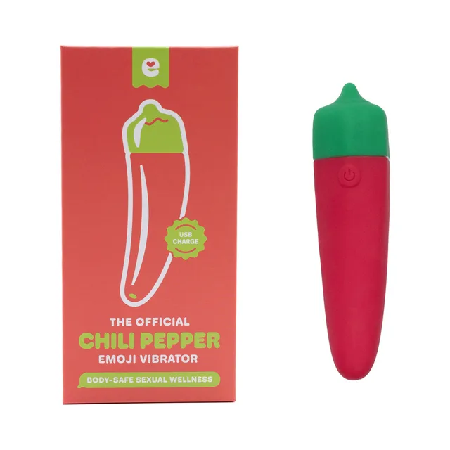 red chili pepper-shaped Emojibator with green tip beside orange retail box
