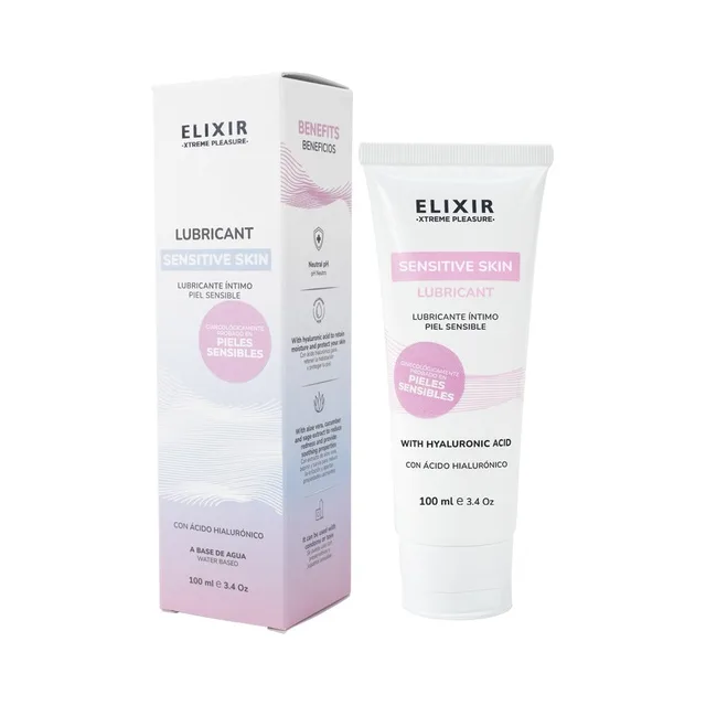 Elixir Sensitive Skin Personal Lubricant white tube beside blush retail carton