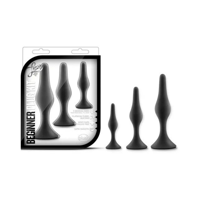 Blush Luxe black three-piece plug kit beside clear black-trimmed retail package
