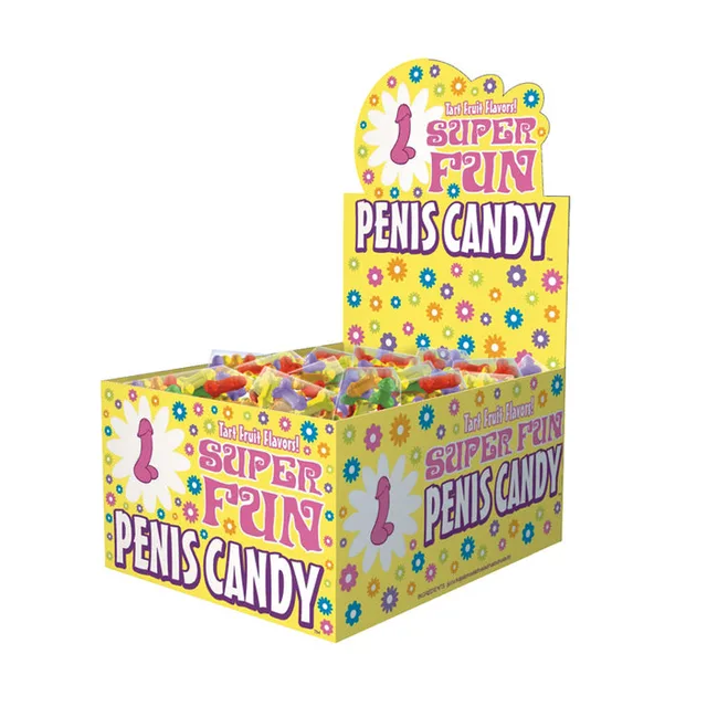 Super Fun Penis Candy countertop display with colorful five-piece bags