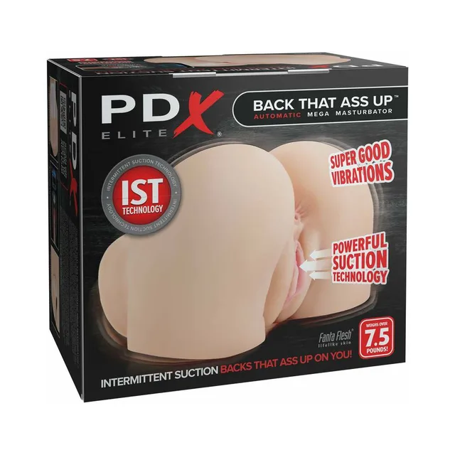 PDX Elite Back That Ass Up Light automatic masturbator beige body design shown on black retail box