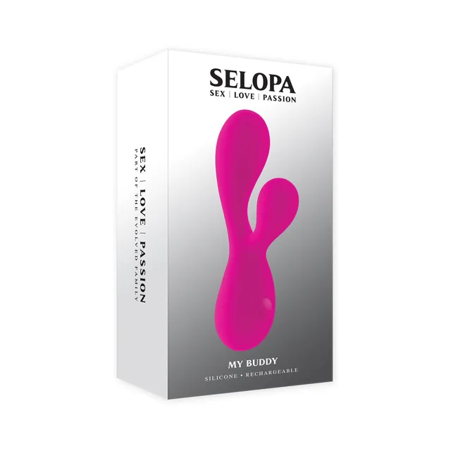 Selopa My Buddy bright pink floppy mini dual vibrator displayed in the white Selopa retail box
