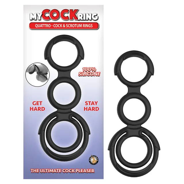 Black My Cockring Quattro four-opening silicone ring set beside package