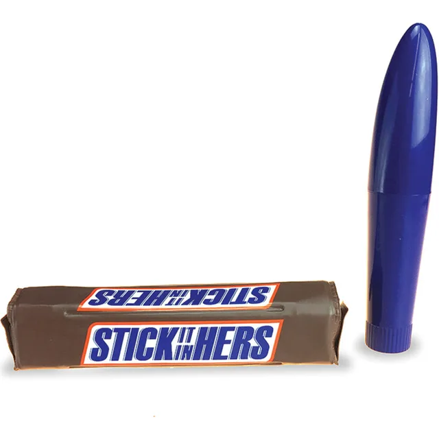 Little Genie Stick It In Hers Blue Massager beside brown blue novelty wrapper