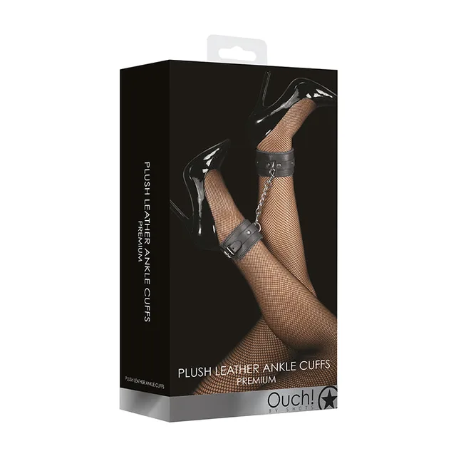 Shots Ouch black plush leather ankle cuffs in black retail box
