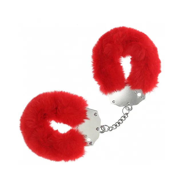 Shots Ouch scarlet-red fluffy iron handcuffs with a short silver chain