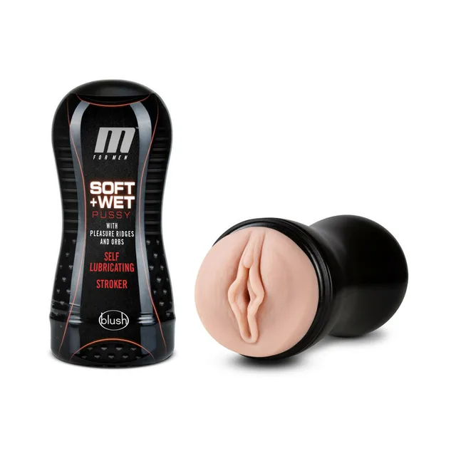 Blush M for Men Ridges and Orbs beige stroker beside package
