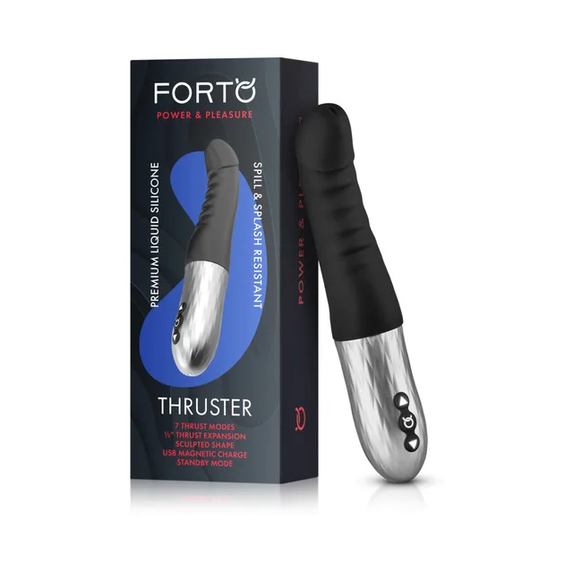 Forto Thruster black vibrator beside tall black retail box
