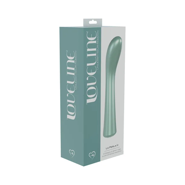 green LoveLine La Perla III curved G-spot vibrator pictured on teal retail box