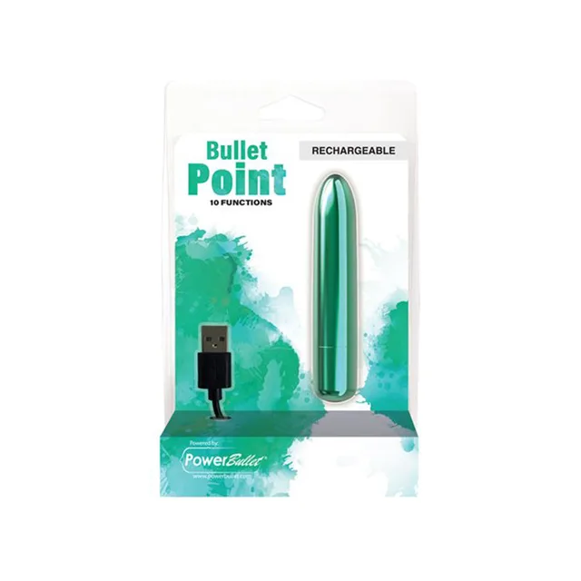 Teal Power Bullet Point rechargeable vibrator in clear retail package