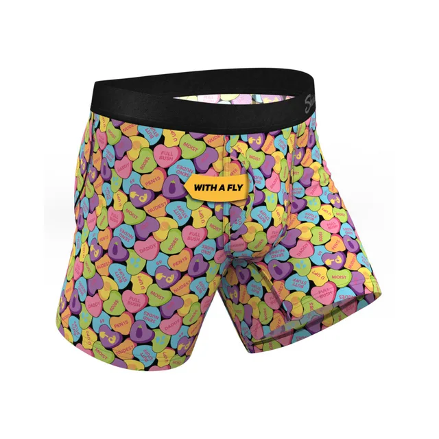 Angled front of Candy Crush size 2XL underwear showing the fly