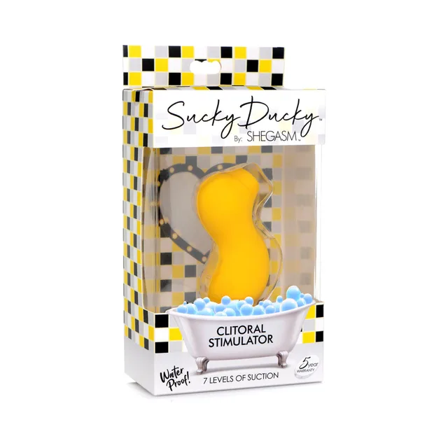 yellow Shegasm Sucky Ducky clit stimulator inside clear bath-themed box