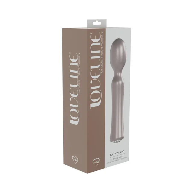 light pink LoveLine La Perla IV oval-head silicone wand pictured on taupe box