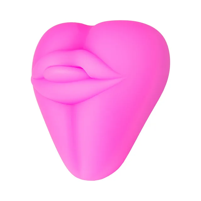 Angled front view of hot pink Kissi cushion with raised lips