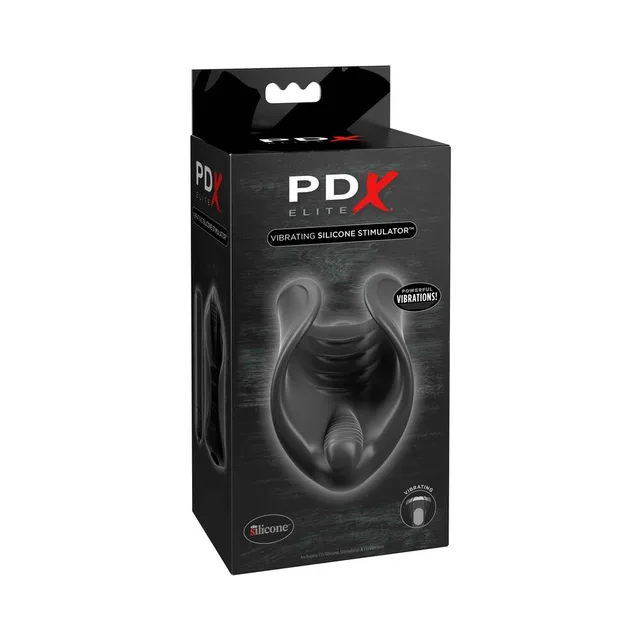 PDX Elite Black Silicone Stimulator Stroker in tall black retail carton