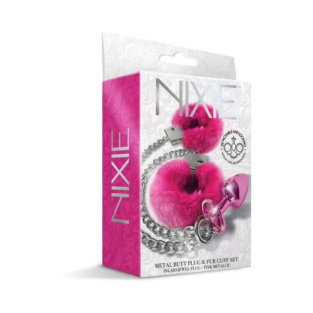 Front of pink Nixie plug and furry handcuff retail package