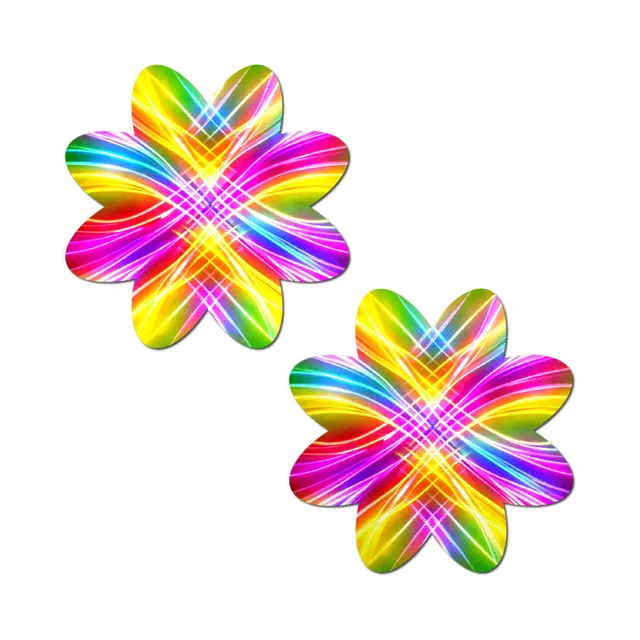 Pastease electric rainbow fractal laser petal breast pasties matching pair with layered neon rainbow line patterns