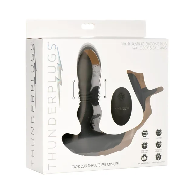black Thunderplugs 10X thrusting silicone plug with attached rings and remote on box