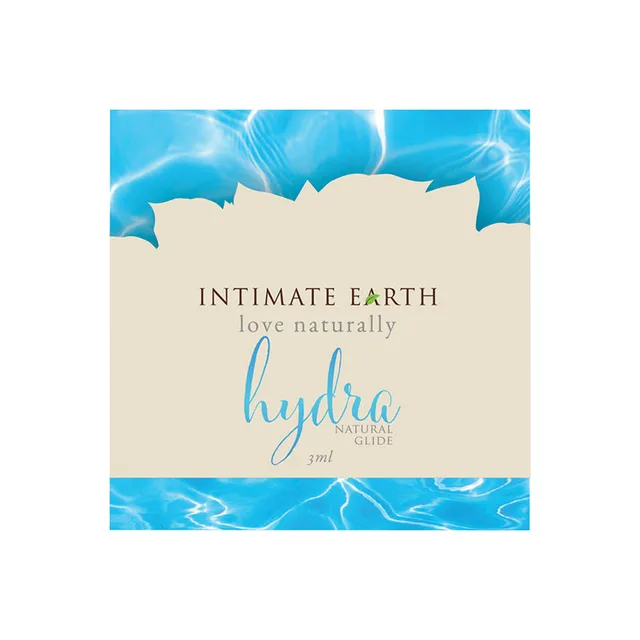 Intimate Earth Hydra 3 ml Foil Sample cream packet with blue water-pattern border