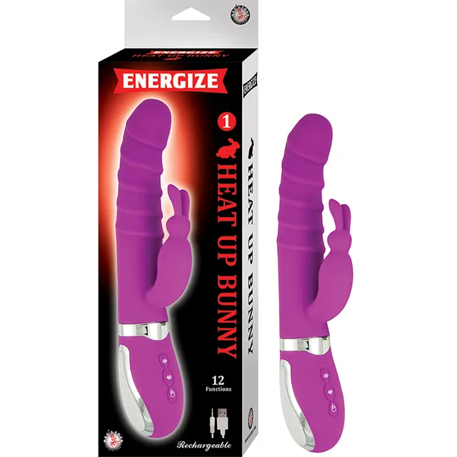 Purple Energize Bunny 1 dual vibrator beside black retail box
