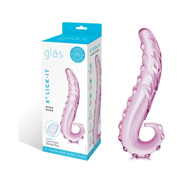 Glas Lick-It pink glass dildo beside white and teal retail box