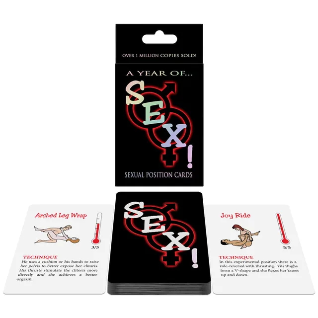 black Sex! card game box with stacked deck and two illustrated sample cards