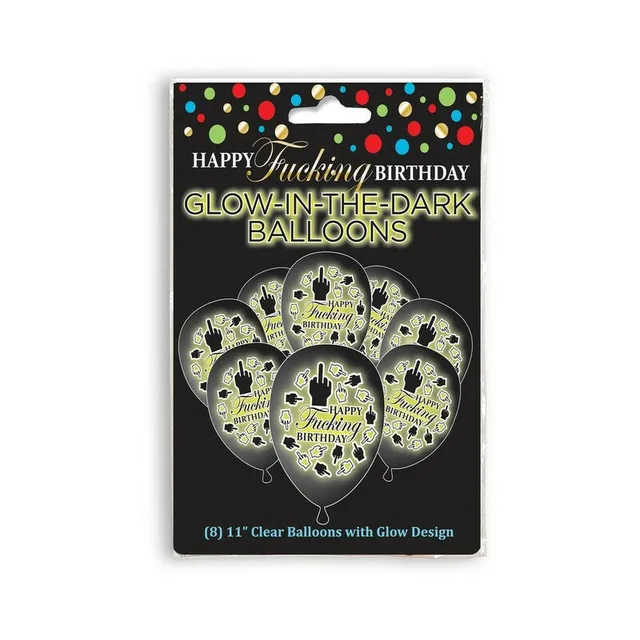 black package containing eight clear Happy Fucking Birthday glow-design balloons