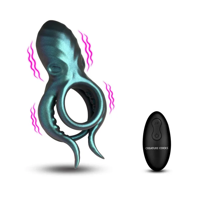 Creature Cocks Octo-Grip teal vibrating ring beside its oval black remote