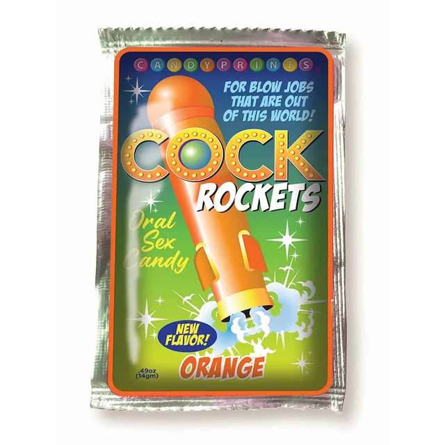 Cock Rockets Orange silver foil candy packet with orange rocket graphic