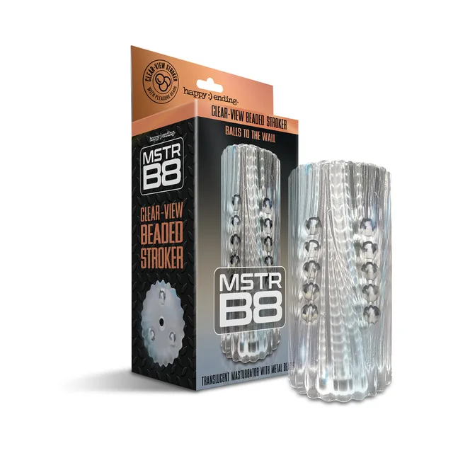 MSTR B8 Balls to the Wall clear beaded stroker beside box