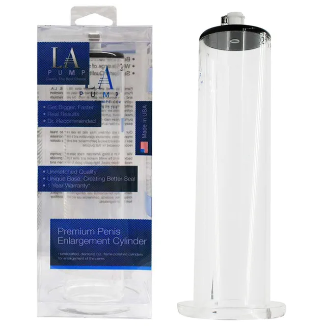 LA Pump Regular 2.25-Inch Cylinder clear wide cylinder beside blue retail sleeve