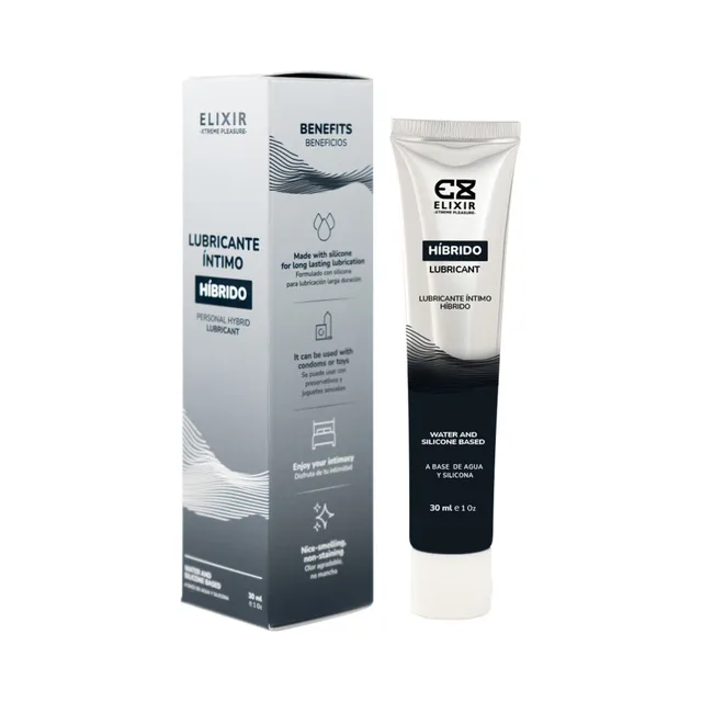 Elixir Hybrid Personal Lubricant 30 ml white tube beside matching retail carton