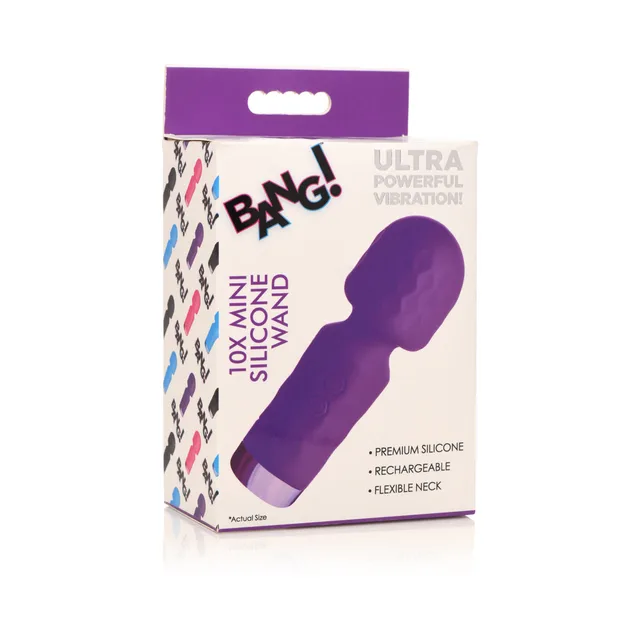 purple BANG 10X Mini silicone wand on purple-trimmed retail box
