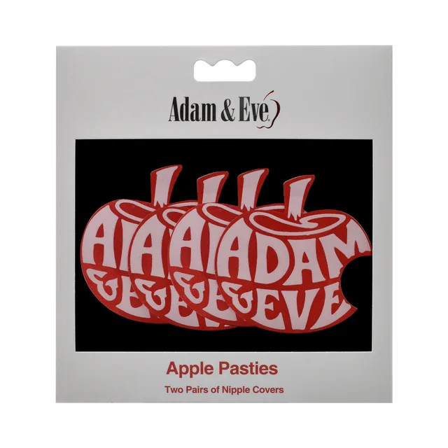 Gray Adam and Eve Apple Pasties bag with red logo and two-pair label