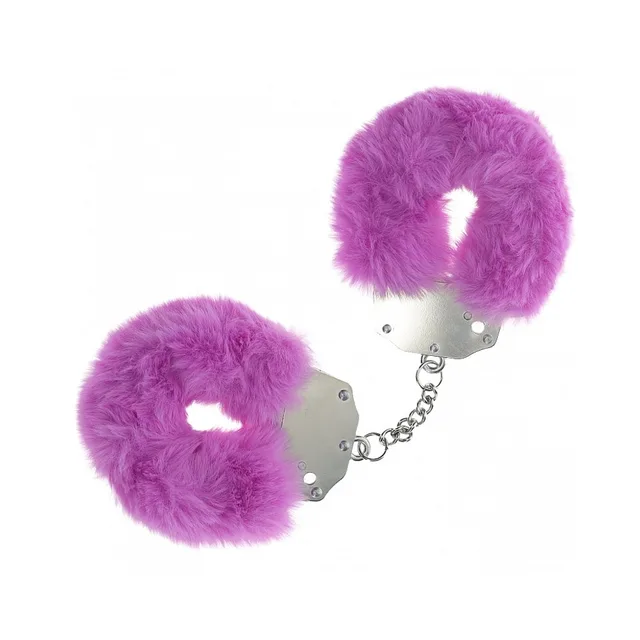 Shots Ouch bright-purple fluffy iron handcuffs joined by a short silver chain