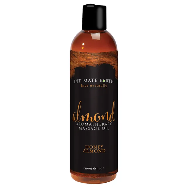 Intimate Earth Honey Almond Massage Oil amber 4 oz bottle with black honey almond label