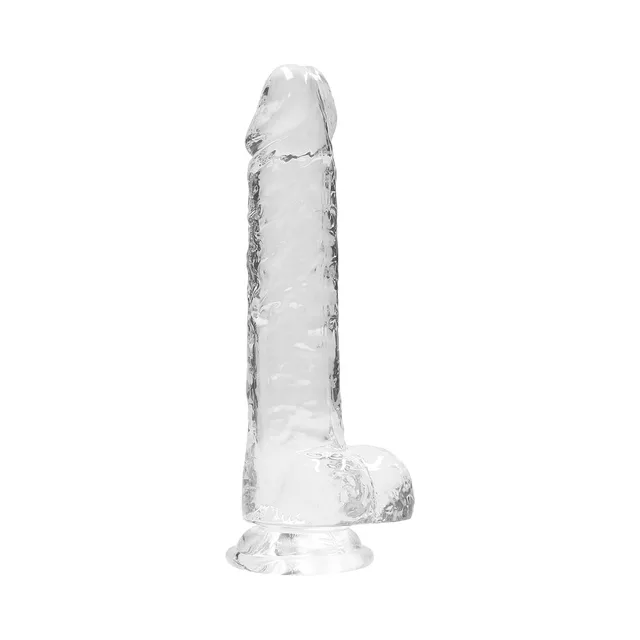 Front view of transparent 8-inch RealRock veined dildo