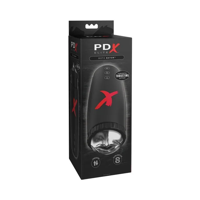 PDX Elite Moto-Bator Clear Black Stroker in tall black retail carton